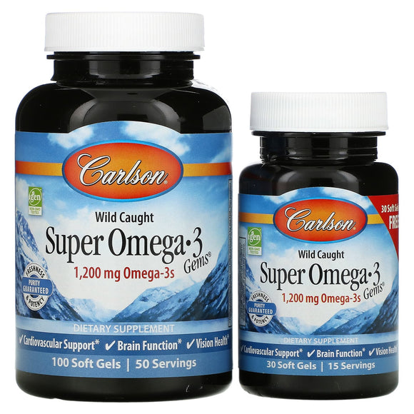 Carlson Labs, Wild Caught, Super Omega-3 Gems, 1,200 mg, 130 Softgels - 088395015243 | Hilife Vitamins