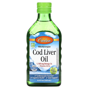 Carlson Labs, Cod Liver Oil, Natural Green Apple , 1,100 mg, 8.4 fl oz - 088395137105 | Hilife Vitamins