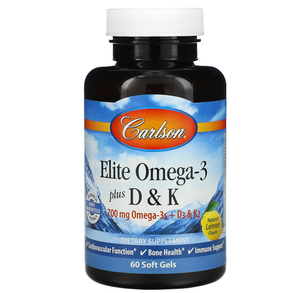 Carlson Labs, Elite Omega-3 + D & K, 60 Softgels - 088395175107 | Hilife Vitamins