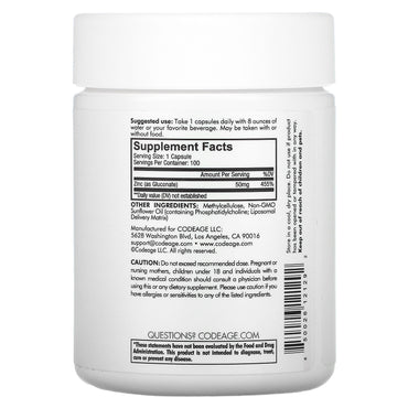 Codeage, Liposomal Zinc, 100 capsules UPC 850026121292 | HiLife Vitamins