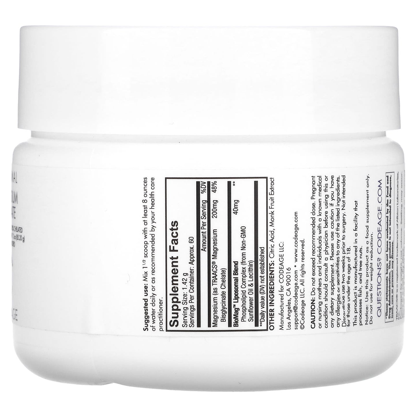 Codeage, Liposomal Magnesium Glycinate Powder, 1 Scoop powder UPC 850026121919 | HiLife Vitamins