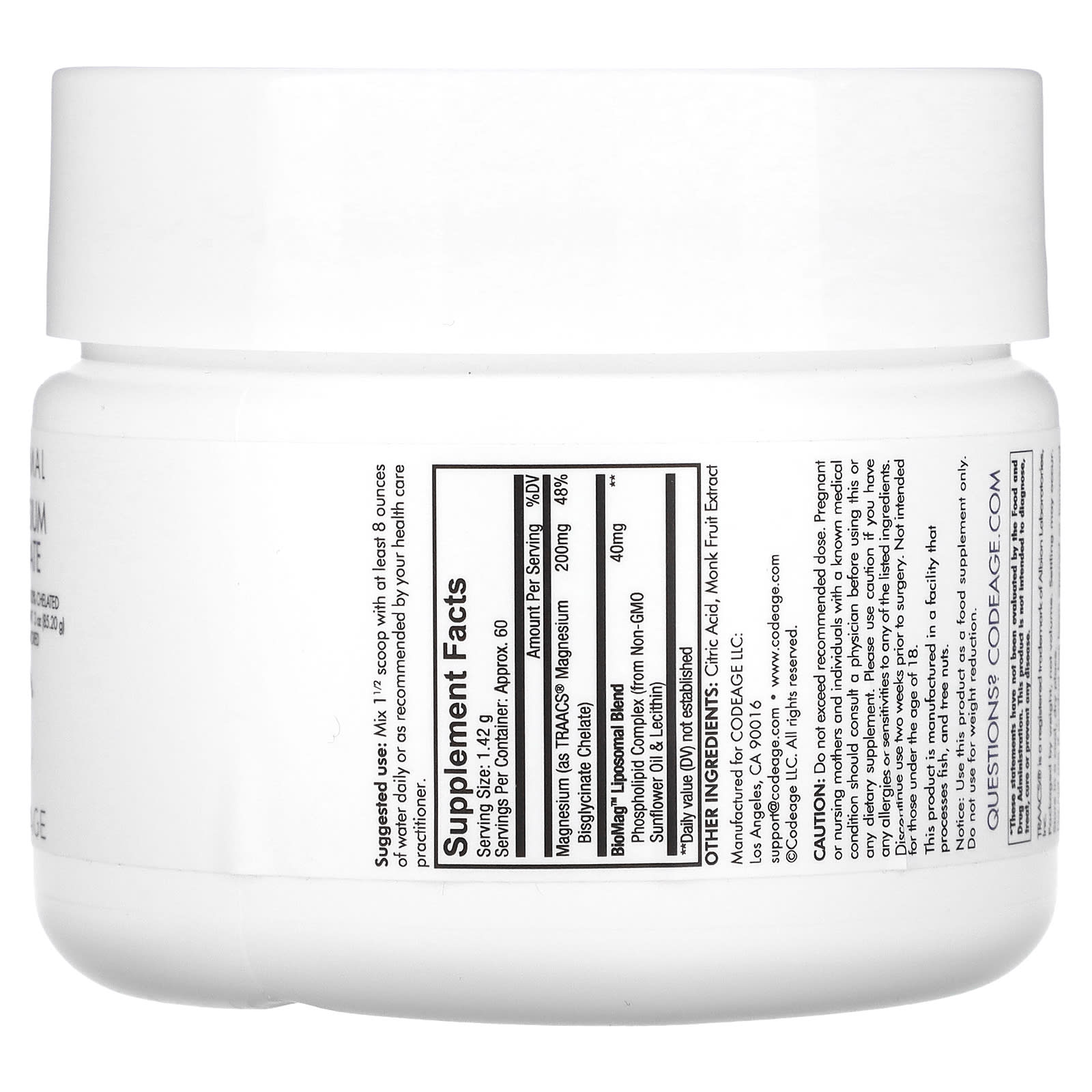 Codeage, Liposomal Magnesium Glycinate Powder, 1 Scoop powder UPC 850026121919 | HiLife Vitamins
