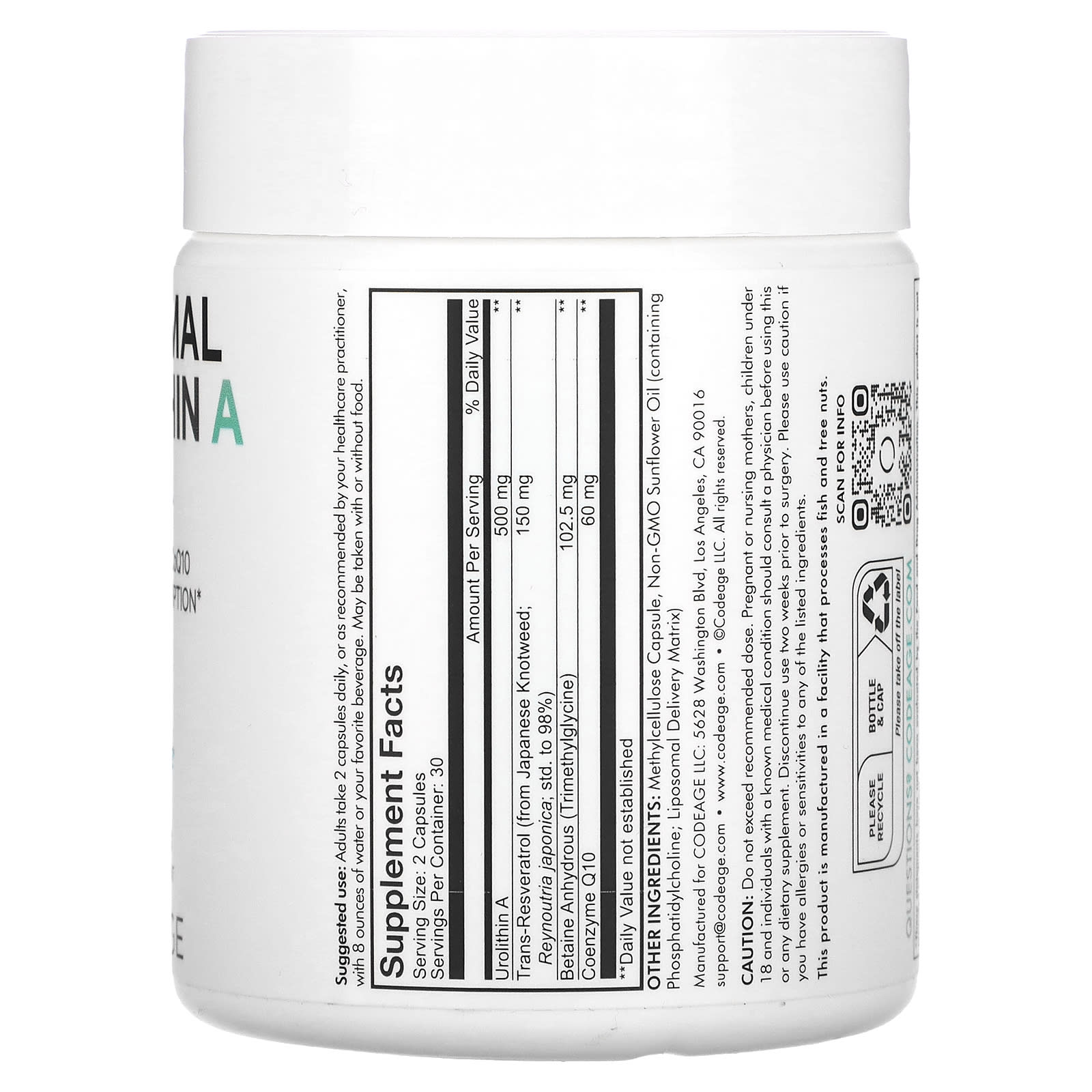 Codeage, Liposomal Urolithin A, Eternal, 60 Capsules UPC 850043333845 | HiLife Vitamins