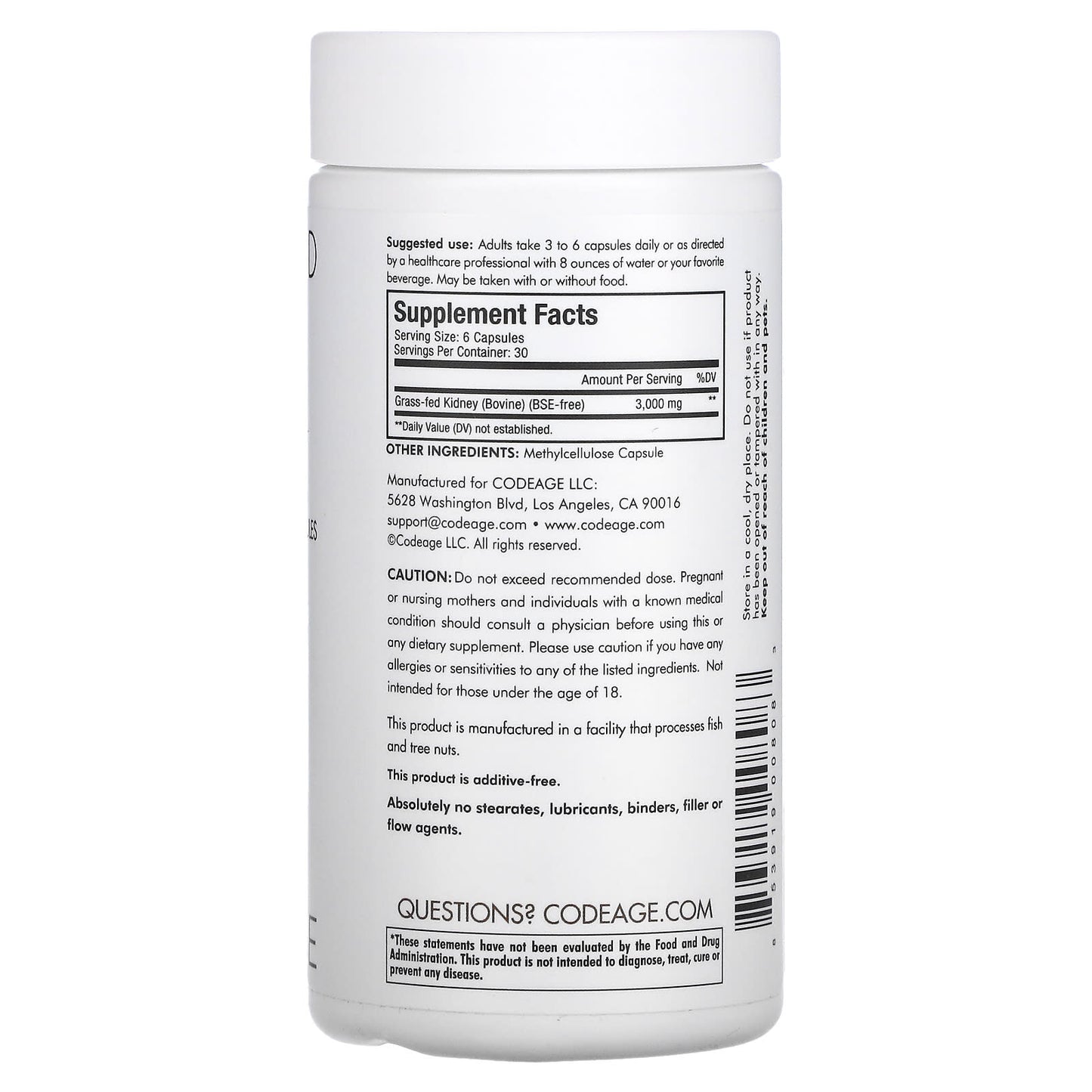 Codeage, Beef Kidney, 180 capsules 853919008083 Hilife Vitamins