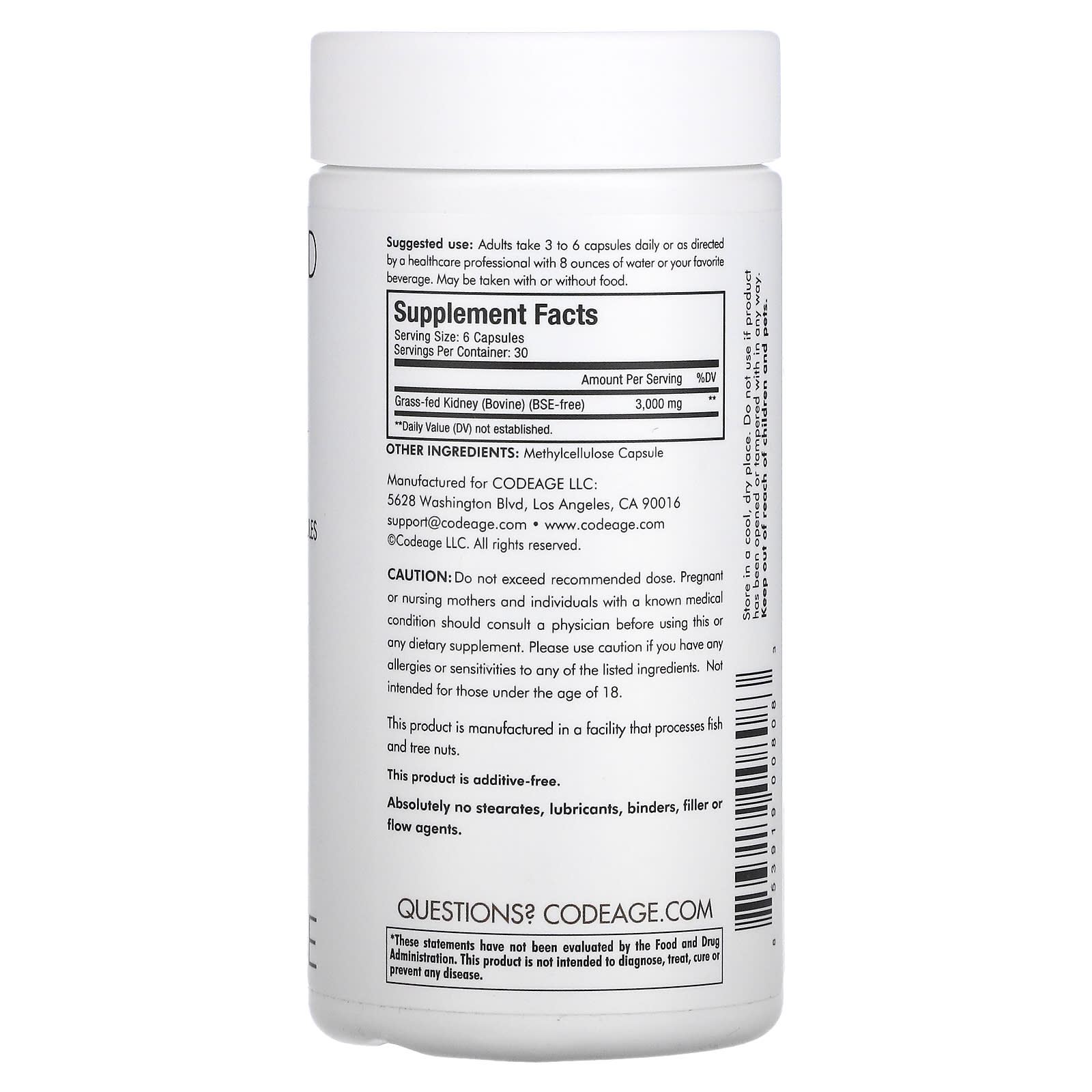 Codeage, Beef Kidney, 180 capsules UPC 853919008083 | HiLife Vitamins