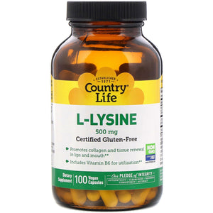 Country Life, L-Lysine 500 mg With B-6, 100 Vegetarian Capsules - 015794013075 | Hilife Vitamins