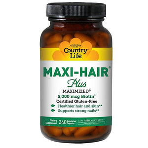 Country Life, Maxi Hair Plus 5000 Mcg Biotin, 240 Vegetarian Capsules - 015794050469 | Hilife Vitamins