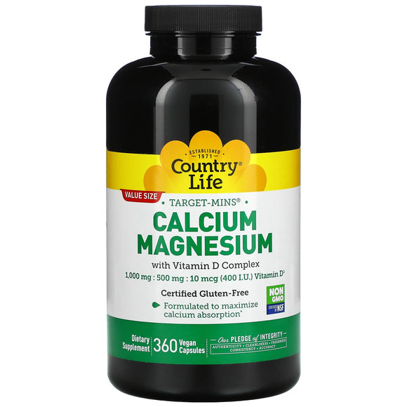 Country Life, Target-Mins Calcium Magnesium with Vitamin D Complex, 360 Vegetarian Capsules - 015794024798 | Hilife Vitamins