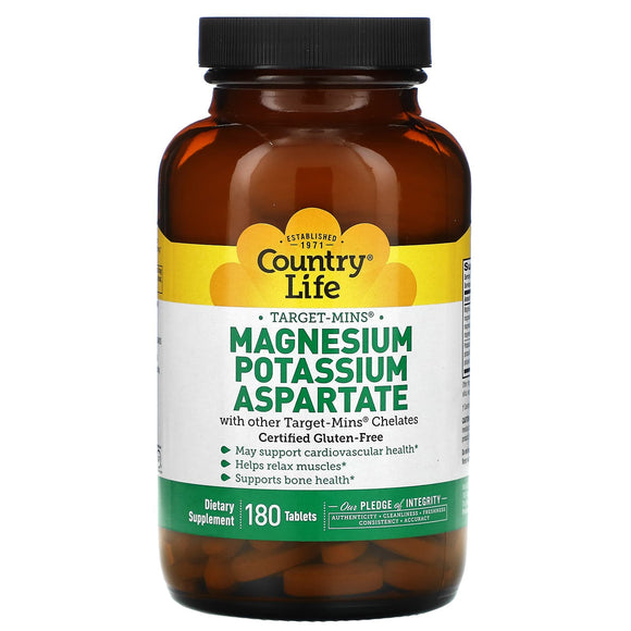 Country Life, Target-Mins Magnesium Potassium Aspartate, 180 Tablets - 015794024958 | Hilife Vitamins