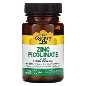 Country Life, Zinc Picolinate 25 mg 100, 100 Tablets - 015794029670 | Hilife Vitamins