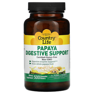 Country Life, Papaya Digestive Support, Pineapple Papaya, 500 Chewable Wafers - 015794053880 | Hilife Vitamins