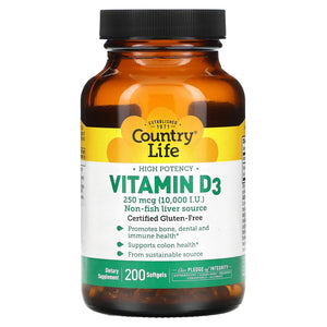 Country Life, D3 Vitamin 10,000 I.U., 200 Softgels - 015794058168 | Hilife Vitamins