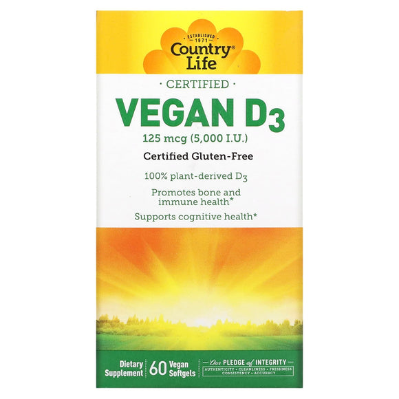 Country Life, D3 Vegan 5000 Iu, 60 Vegan Softgels - 015794058212 | Hilife Vitamins
