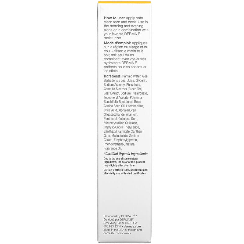 DERMA E., Vitamin C Concentrated Serum, Hyaluronic Acid, 2 fl oz (60 ml) UPC 030985003659 | HiLife Vitamins