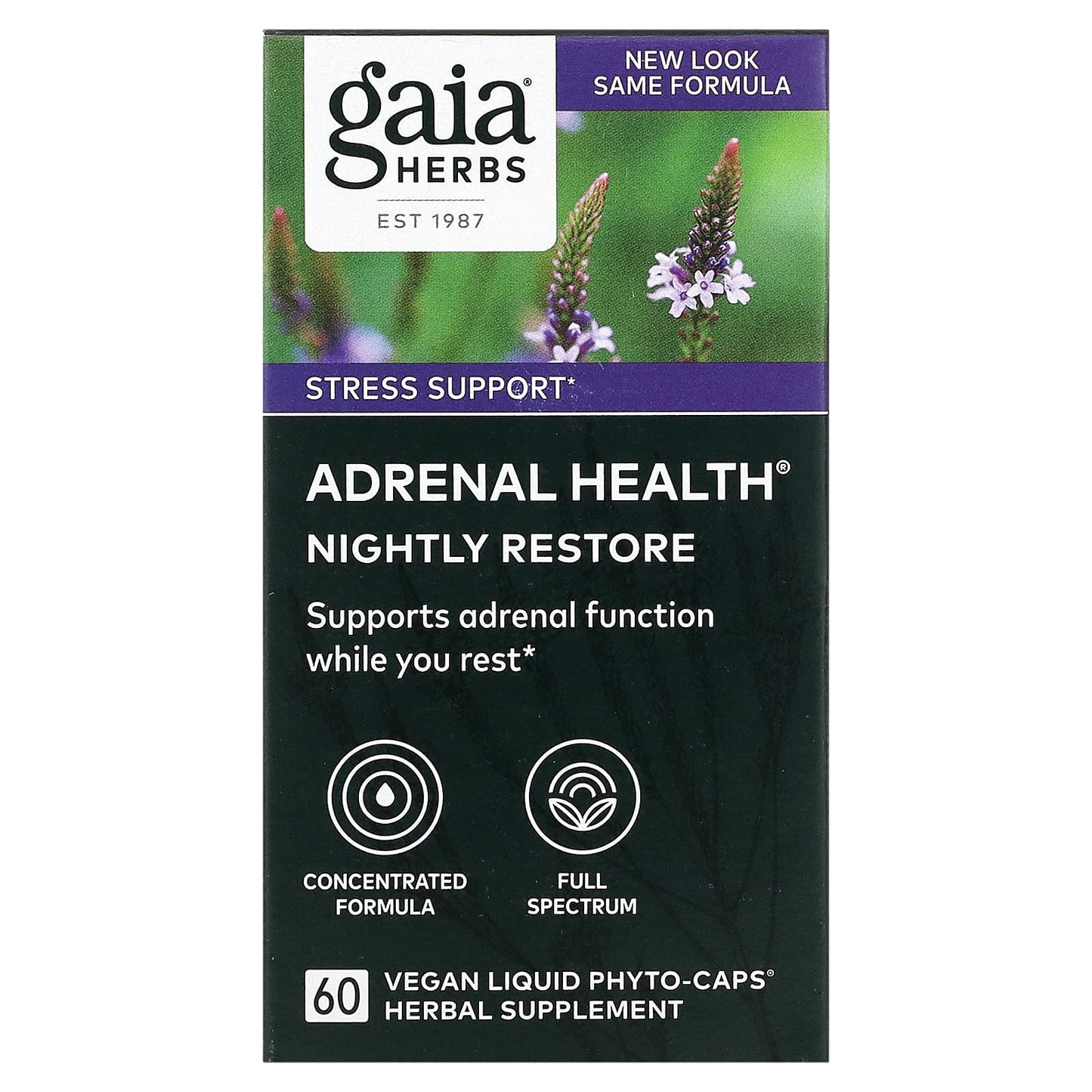 Gaia Herbs, Adrenal Health, Nightly Restore, 60 Vegan Liquid Phyto-Caps UPC 751063149389 | HiLife Vitamins