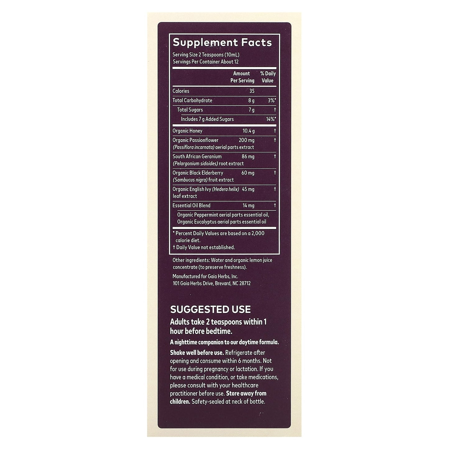Gaia Herbs, Cough Syrup, Nighttime, 4 Oz Syrup UPC 751063152174 | HiLife Vitamins