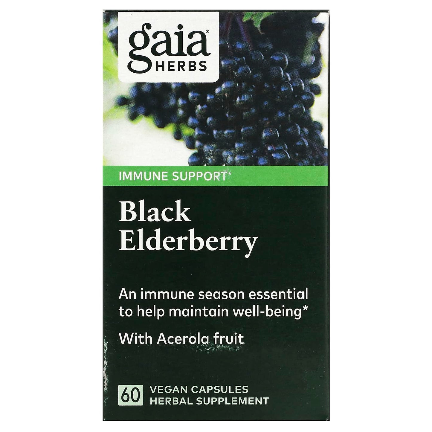 Gaia Herbs, Black Elderberry with Acerola Fruit, 60 Vegan Liquid Phyto-Caps UPC 751063400602 | HiLife Vitamins