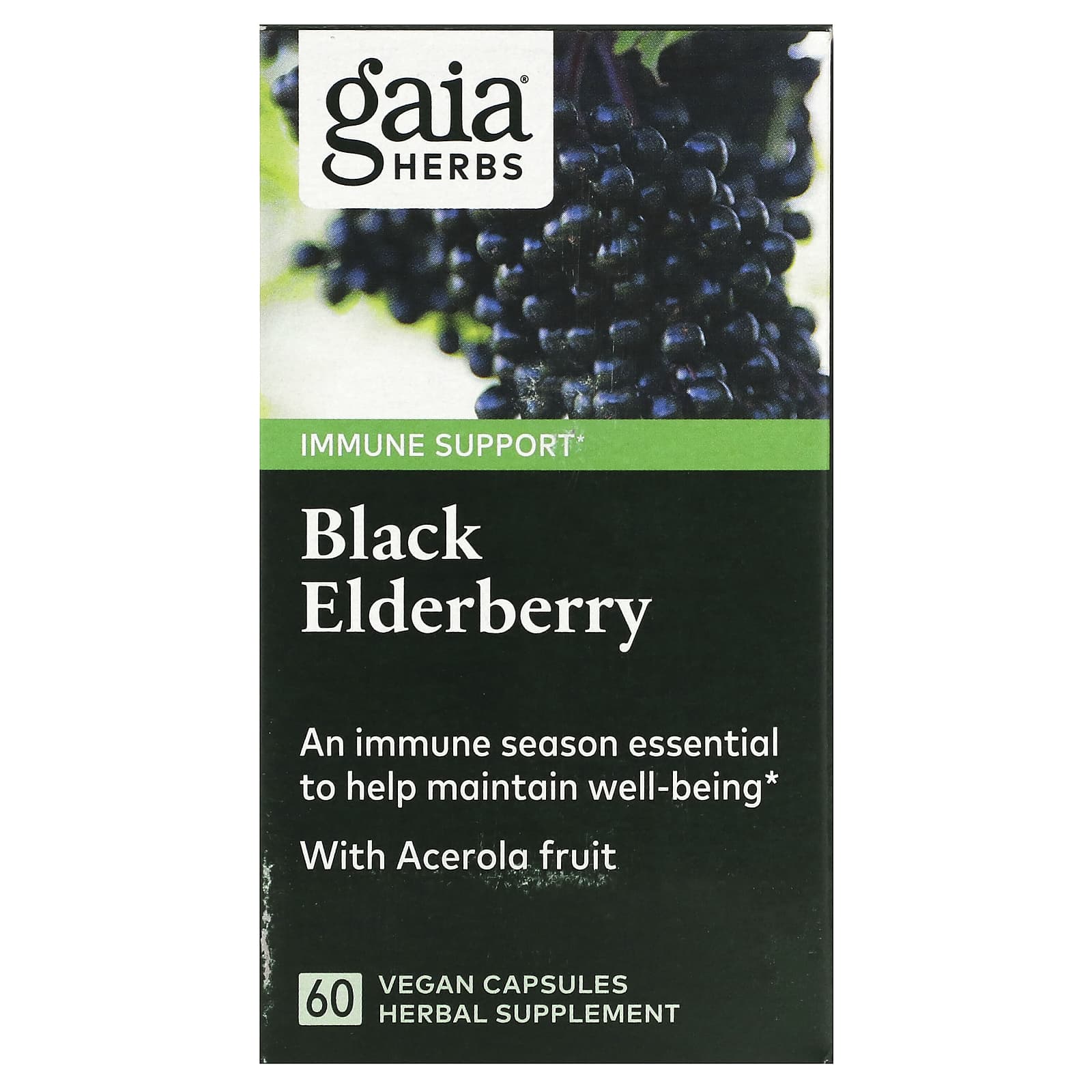 Gaia Herbs, Black Elderberry with Acerola Fruit, 60 Vegan Liquid Phyto-Caps UPC 751063400602 | HiLife Vitamins