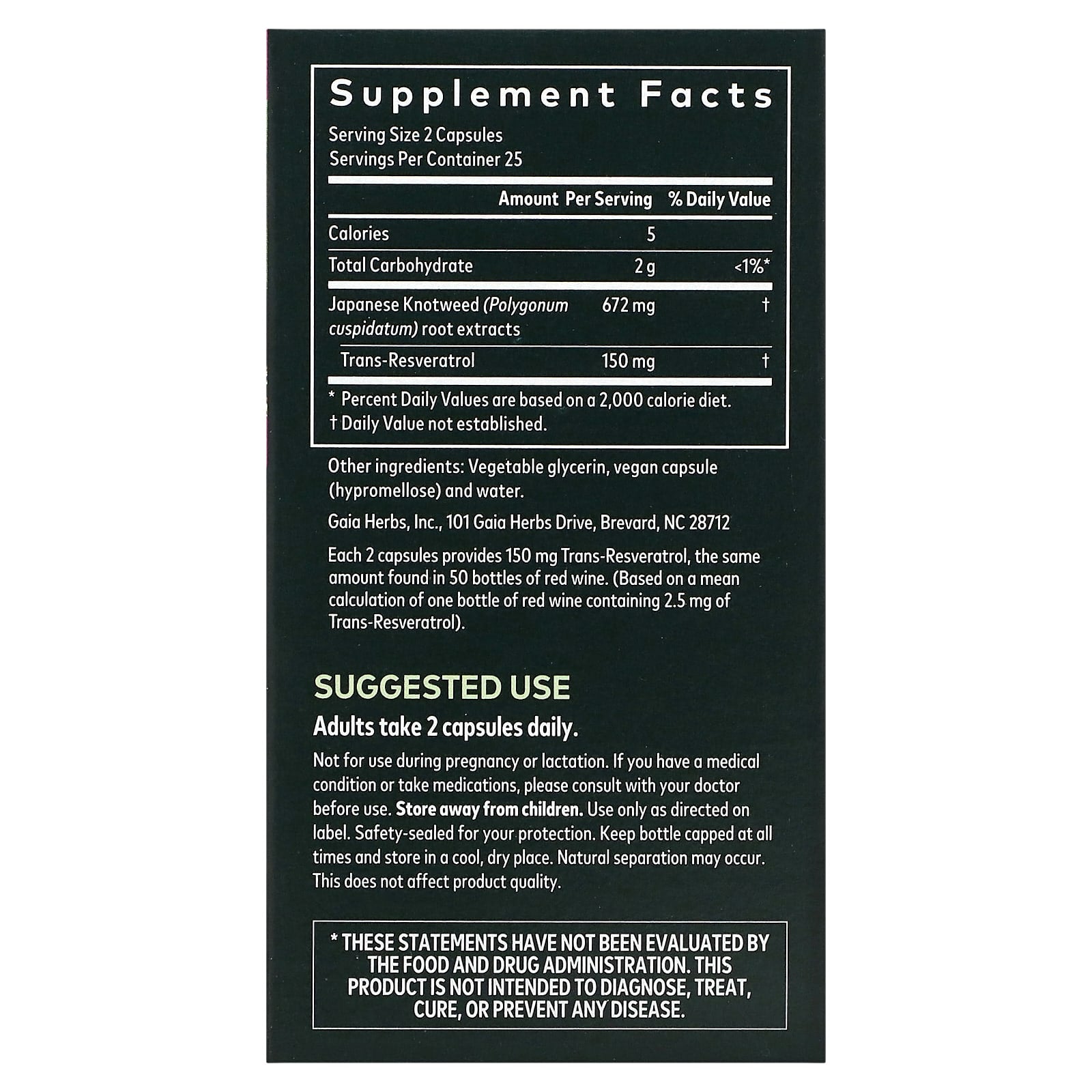 Gaia Herbs, Resveratrol 150, 50 Vegan Liquid Phyto-Caps UPC 751063996648 | HiLife Vitamins