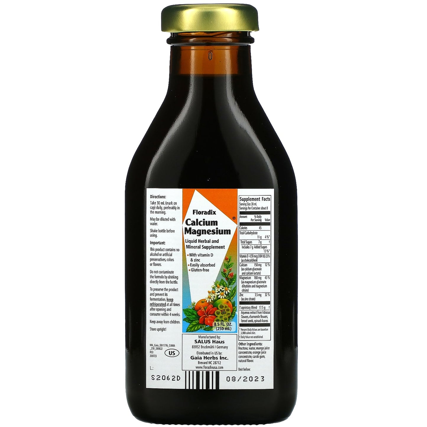 Gaia Herbs, Floradix, Calcium Magnesium with Vitamin D & Zinc, 8.5 Oz Liquid Extract UPC 850026260021 | HiLife Vitamins