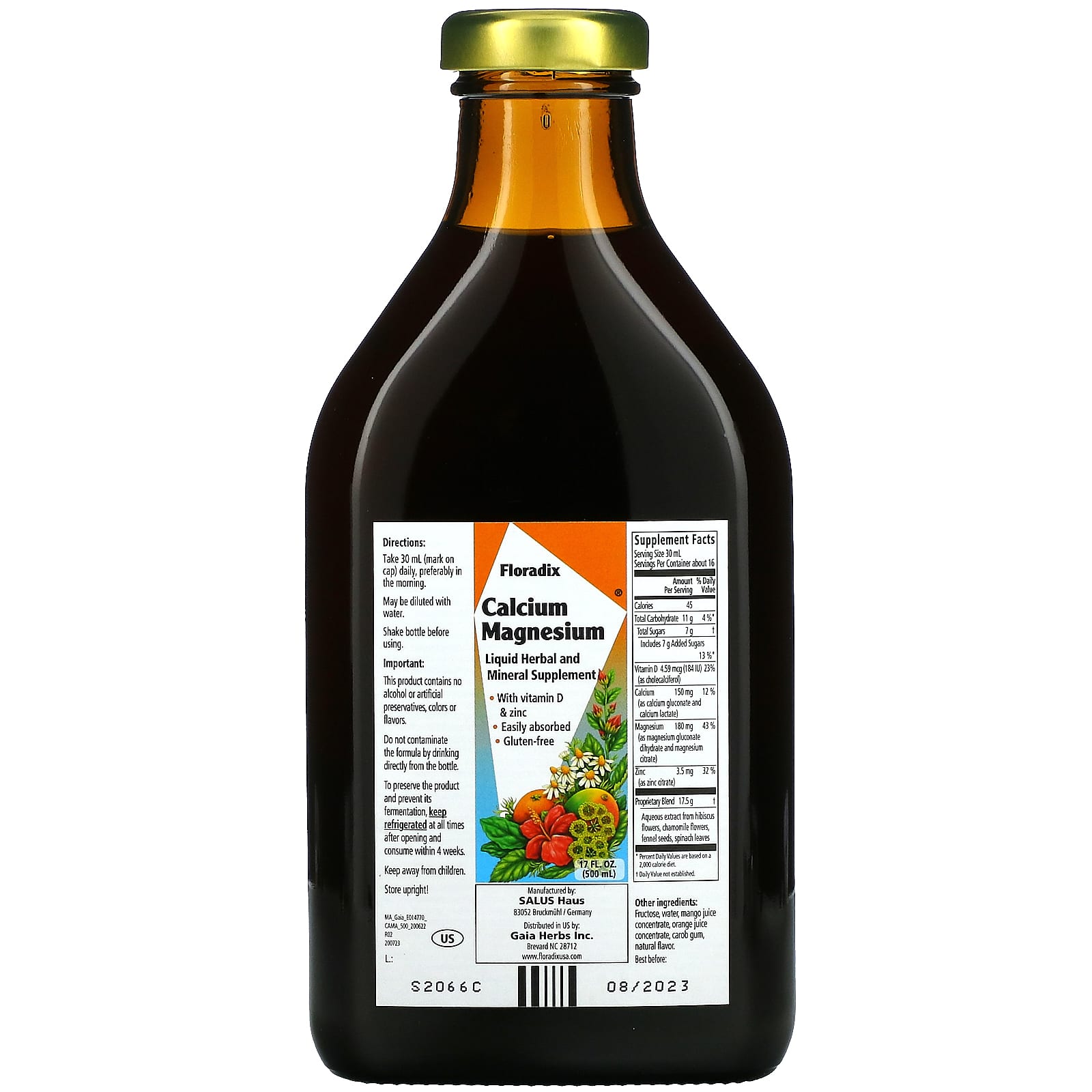 Gaia Herbs, Floradix, Calcium Magnesium with Vitamin D & Zinc, 17 Oz Liquid Extract UPC 850026260038 | HiLife Vitamins