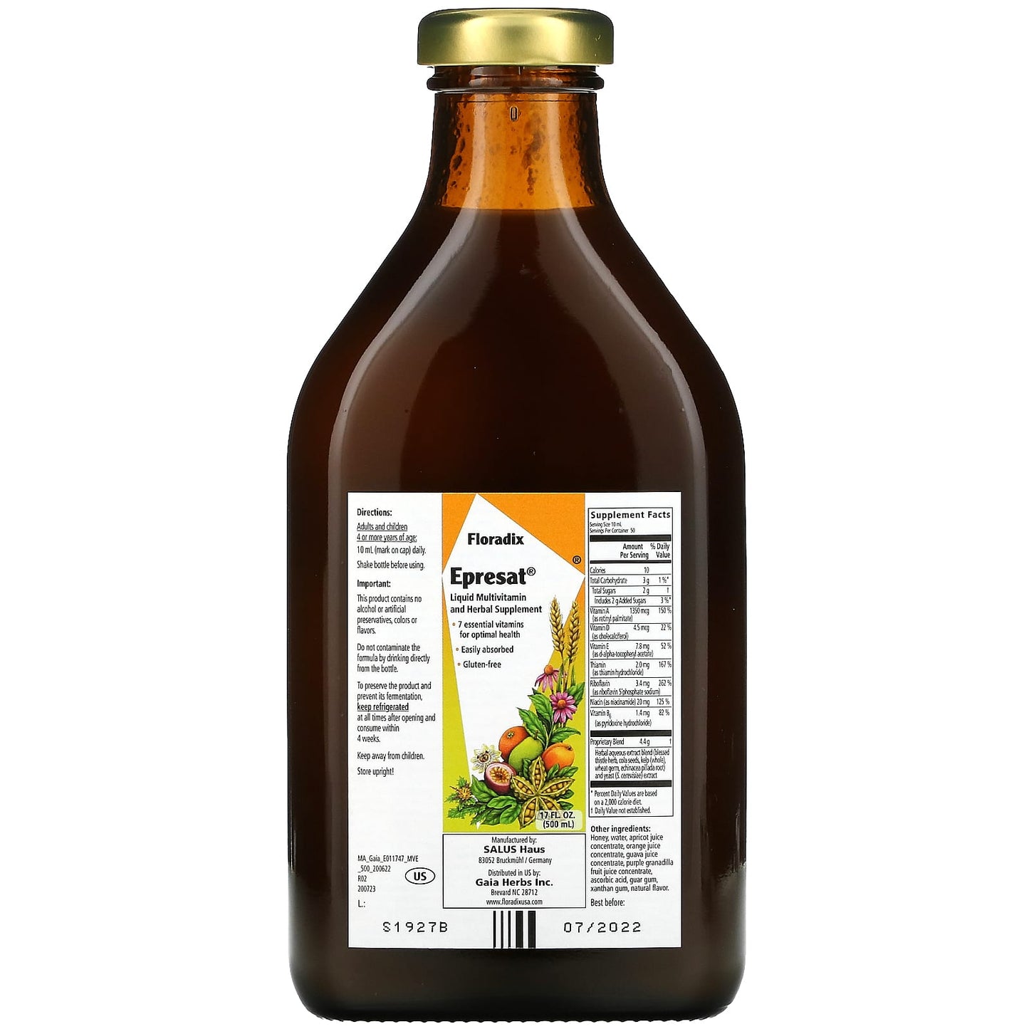 Gaia Herbs, Floradix, Epresat, Liquid Herbal Supplement, 17 Oz Liquid Extract UPC 850026260052 | HiLife Vitamins