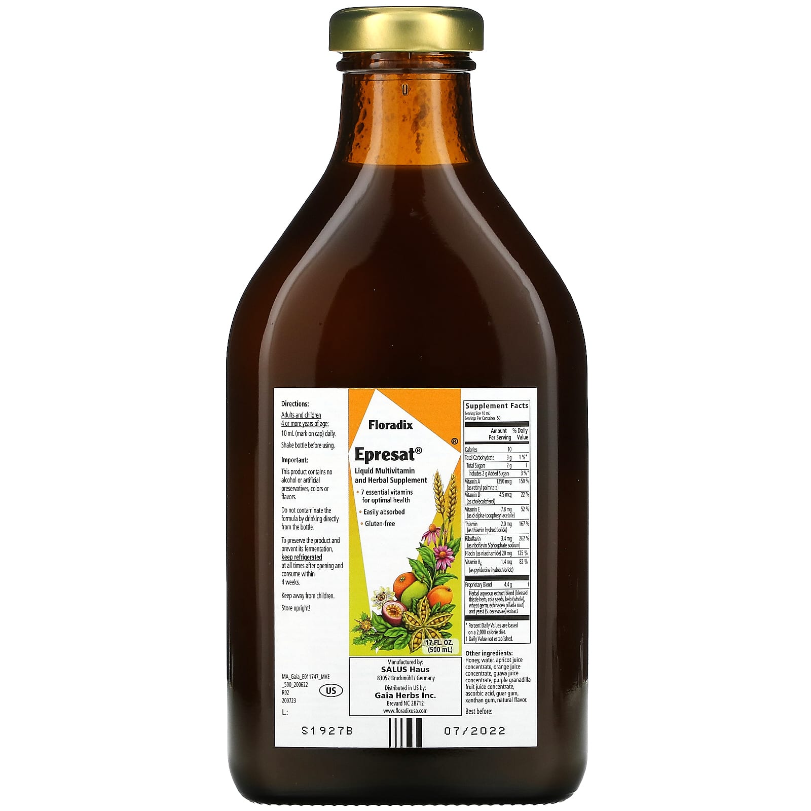 Gaia Herbs, Floradix, Epresat, Liquid Herbal Supplement, 17 Oz Liquid Extract UPC 850026260052 | HiLife Vitamins