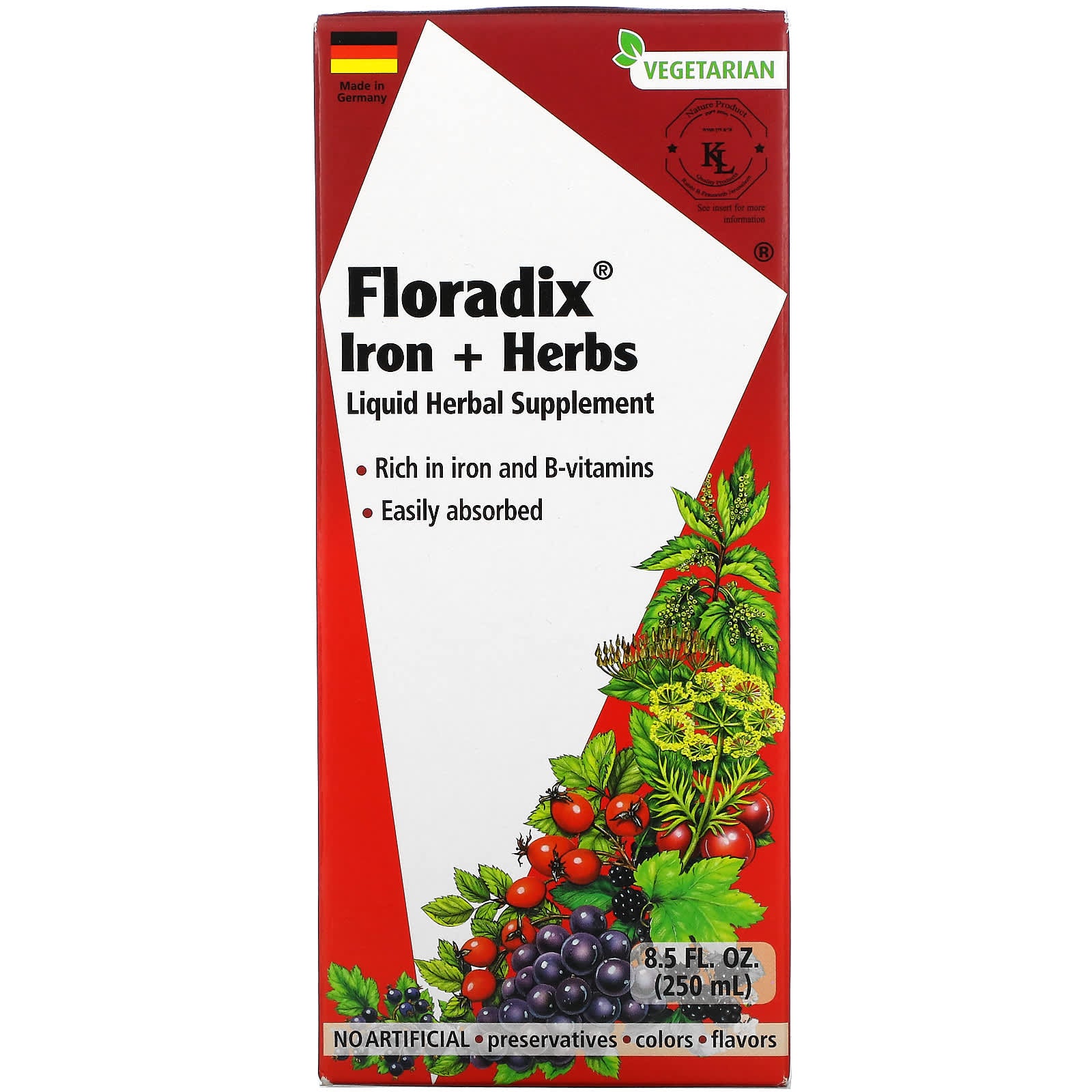 Gaia Herbs, Floradix, Iron & Herbs, 8.5 fl oz (250 ml) Liquid Extract UPC 850026260090 | HiLife Vitamins