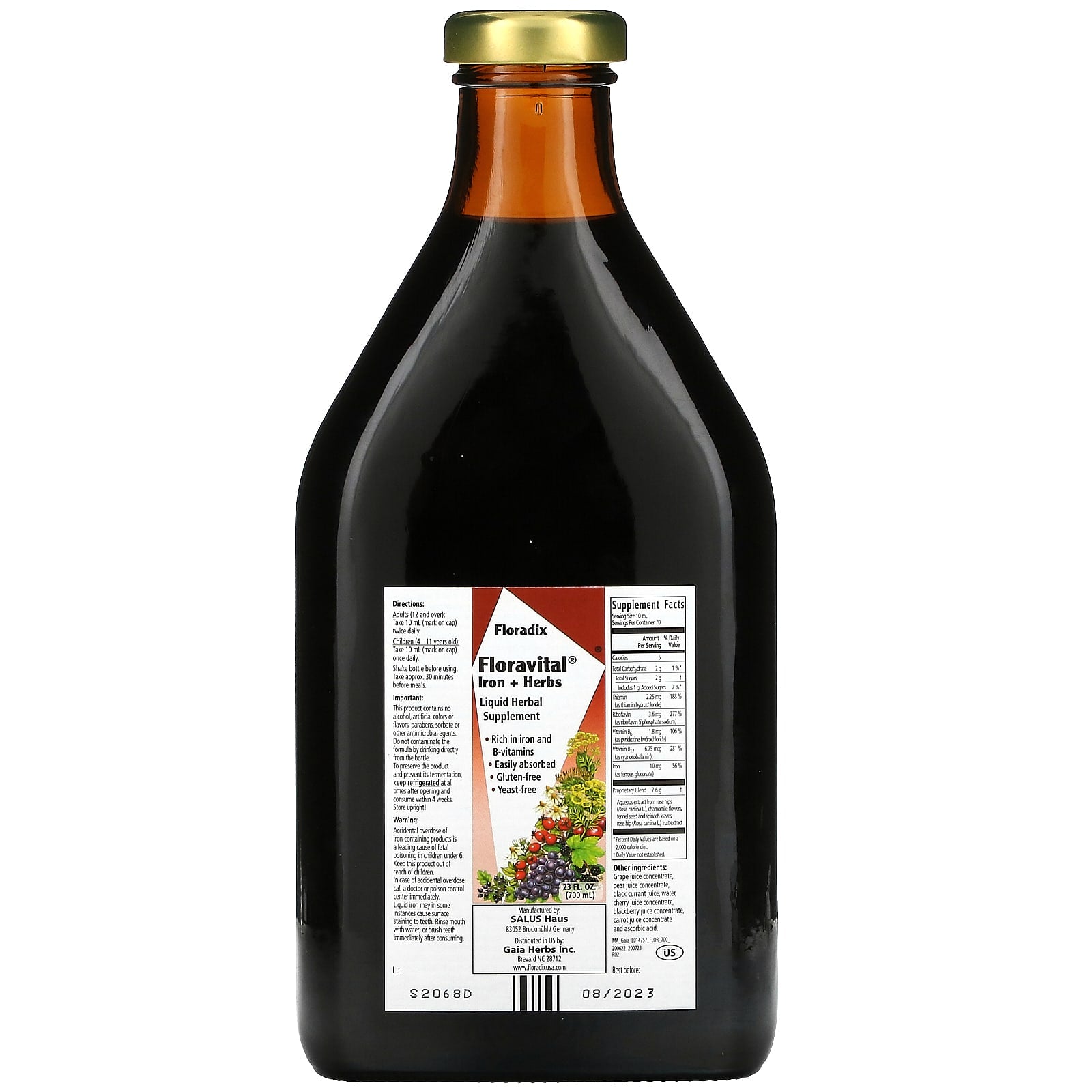 Gaia Herbs, Floradix, Floravital Iron & Herbs, 23 Oz Liquid Extract UPC 850026260144 | HiLife Vitamins