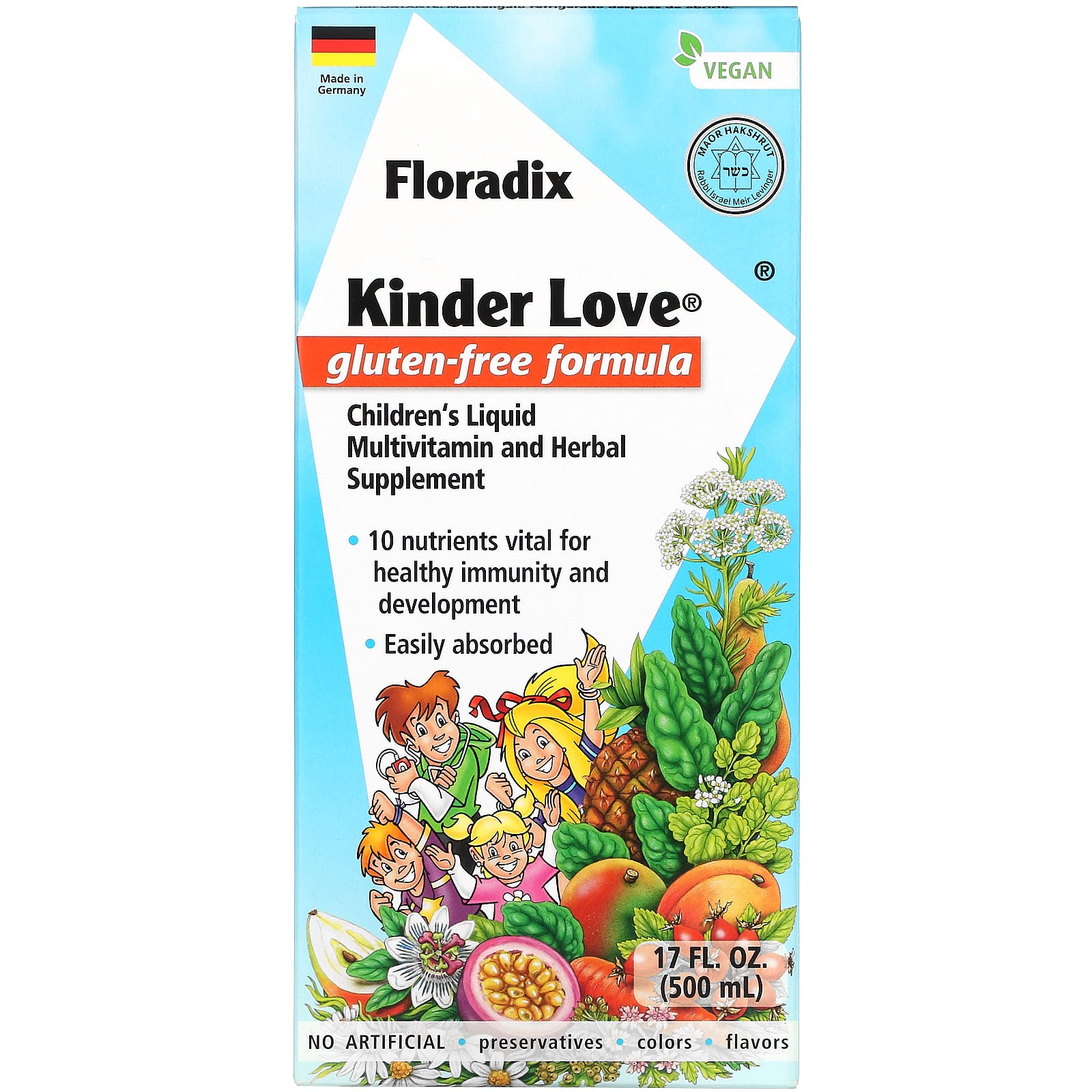Gaia Herbs, Floradix, Kinder Love, Children’s Liquid Multivitamin and Herbal Supplement, Gluten Free, 17 Oz Liquid Extract UPC 850026260168 | HiLife Vitamins
