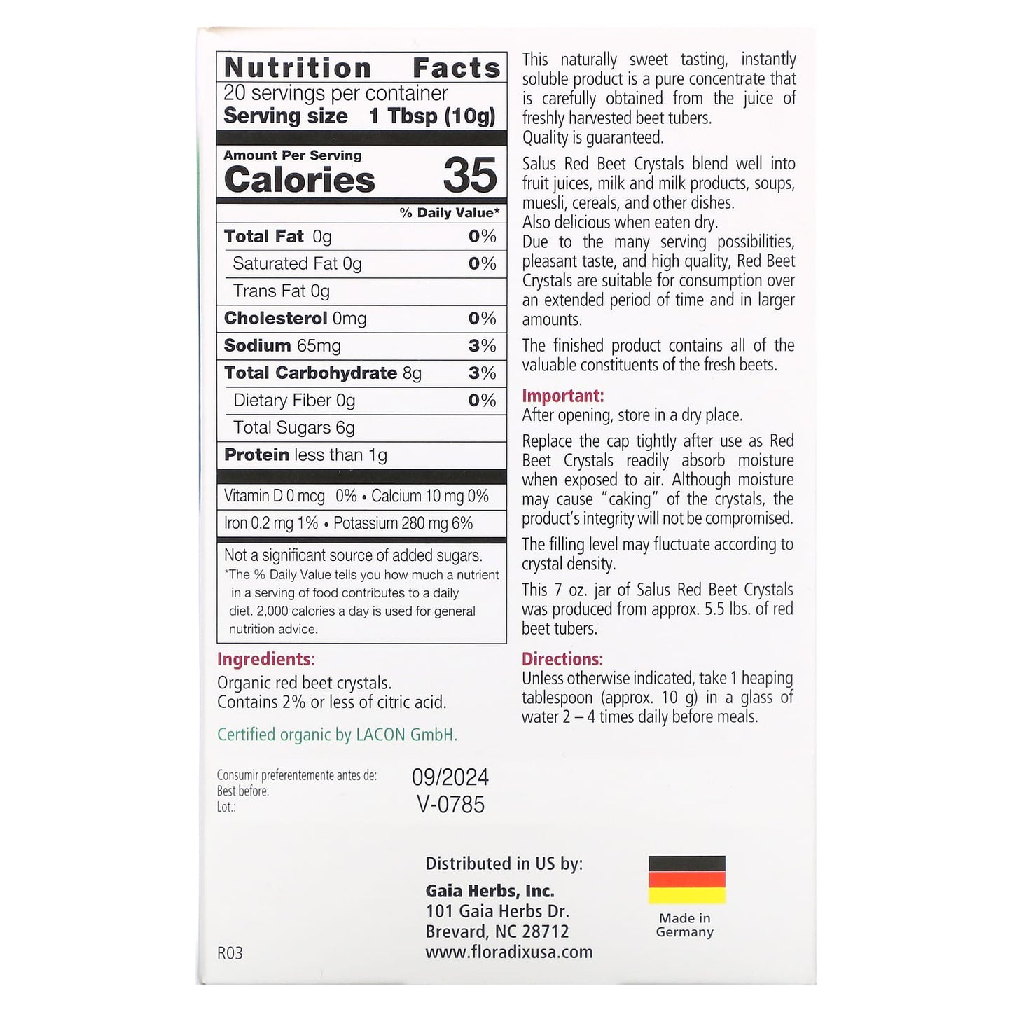 Gaia Herbs, Red Beet, Soluble Crystals, 7oz Soluble Crystals UPC 850026260403 | HiLife Vitamins