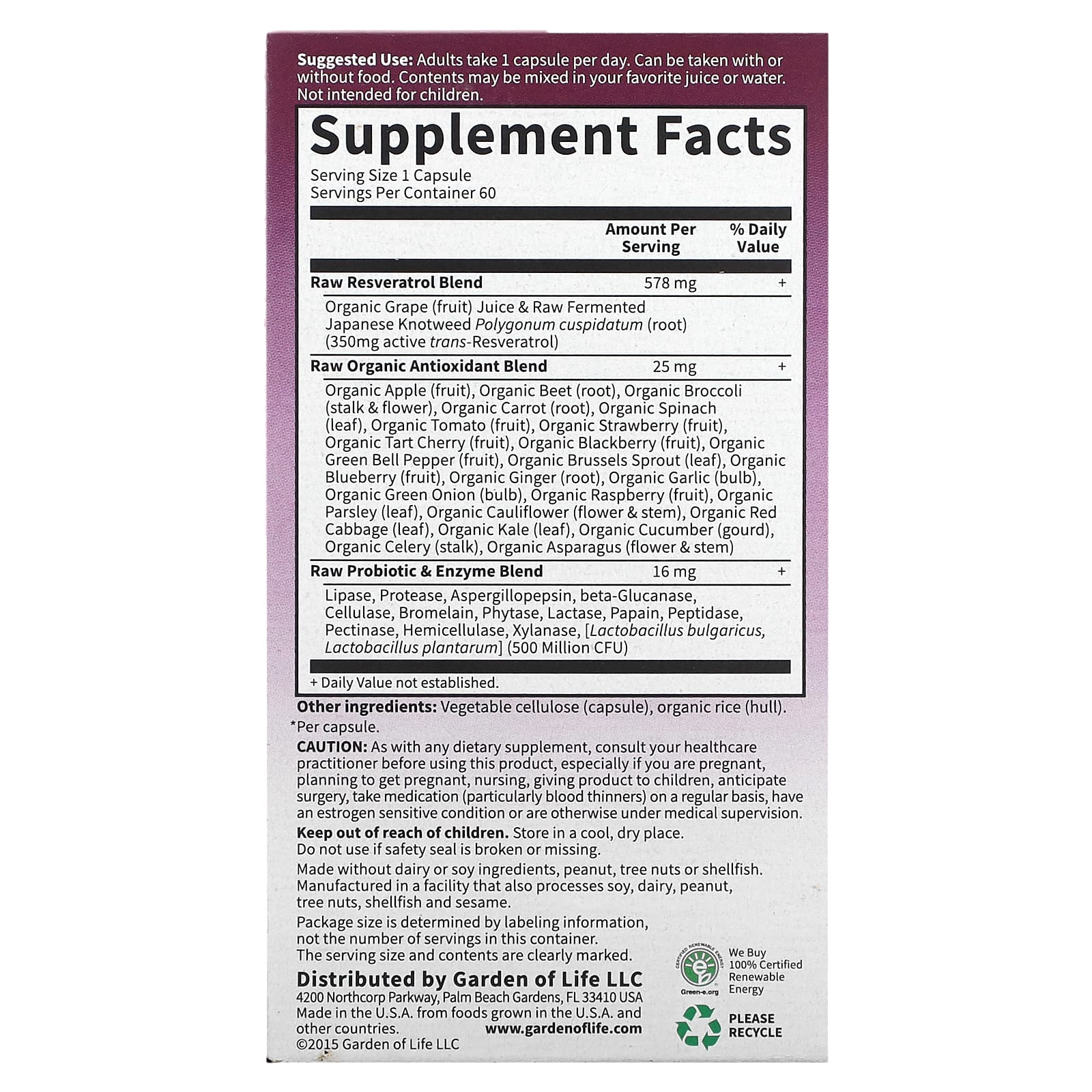 Garden of Life, RAW Resveratrol, 60 Vegan Capsules UPC 658010115919 | HiLife Vitamins
