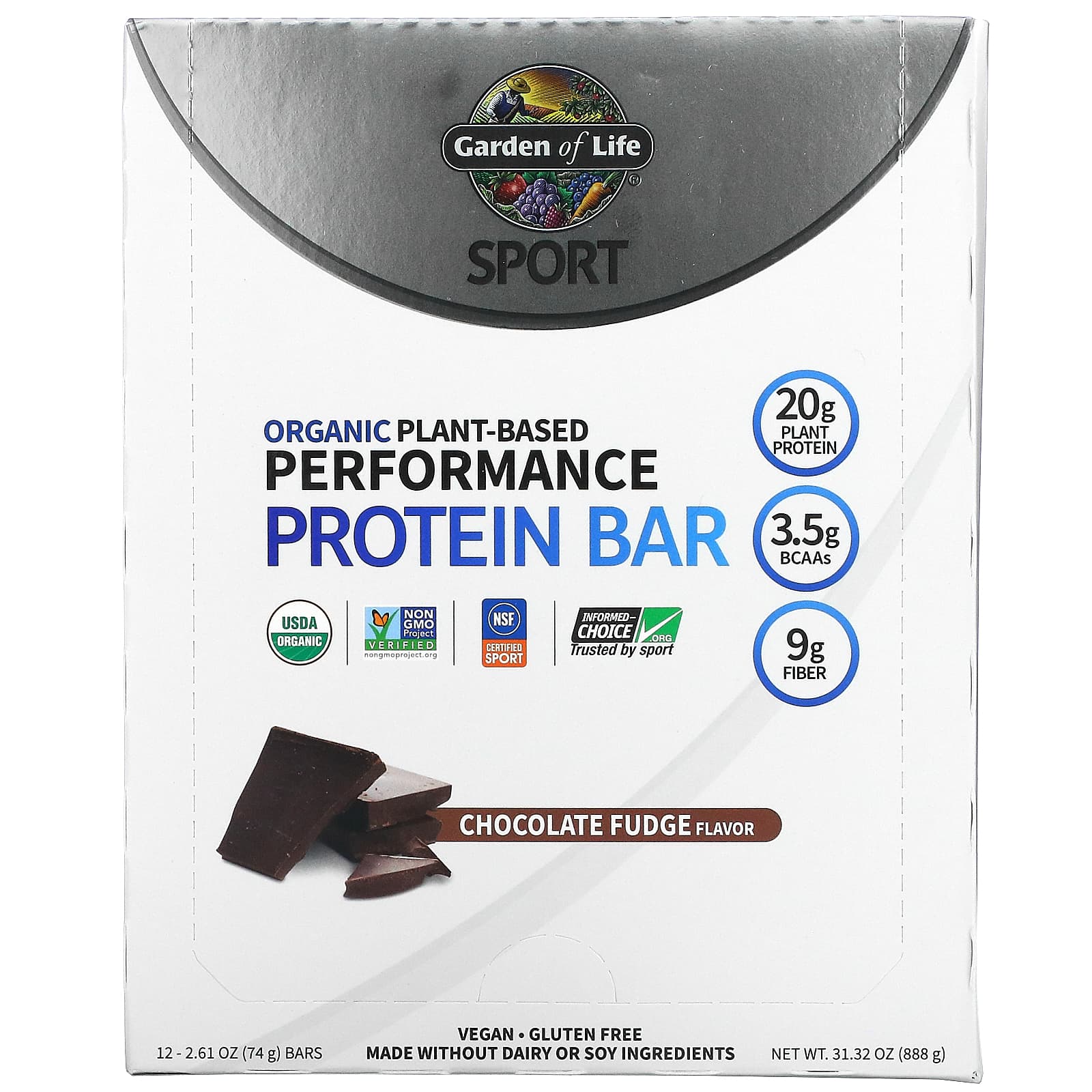 Garden of Life, Sport Organic Performance Protein Bar Choc. Fudge, 12 Bars UPC 658010119078 | HiLife Vitamins
