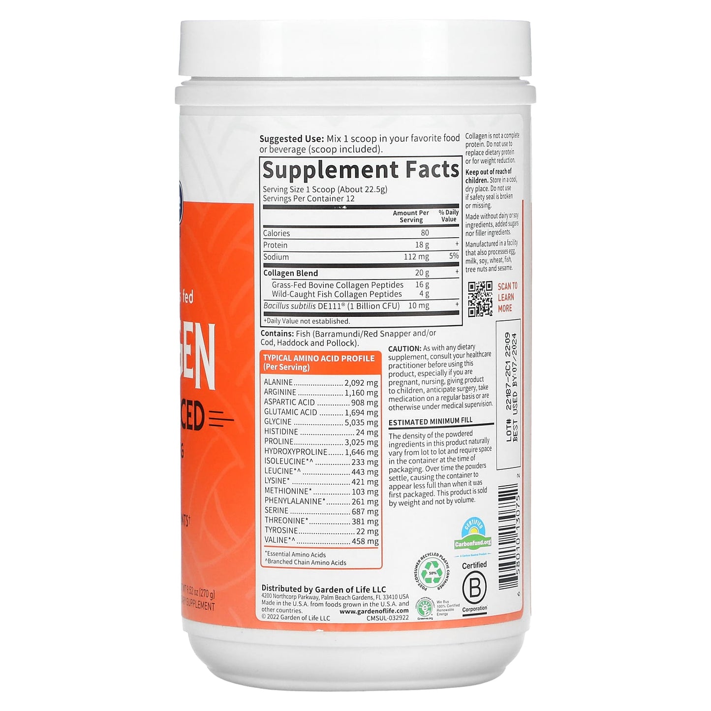Garden of Life, Wild Caught & Grass Fed Collagen Multi-Sourced, 9.52 oz UPC 658010130752 | HiLife Vitamins
