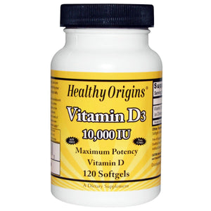 Healthy Origins, Vitamin D3 10,000 IU - Pure Cold Press. Olive Oil, 120 Softgels - 603573153533 | Hilife Vitamins