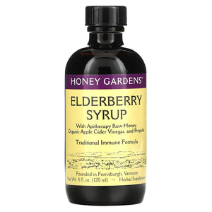 Honey Gardens Apiaries, Elderberry Syrup with Apitherapy Raw Honey, Organic Apple Cider Vinegar, and Propolis, 4 Oz Syrup