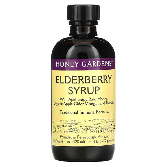 Honey Gardens Apiaries, Elderberry Syrup with Apitherapy Raw Honey, Organic Apple Cider Vinegar, and Propolis, 4 Oz Syrup