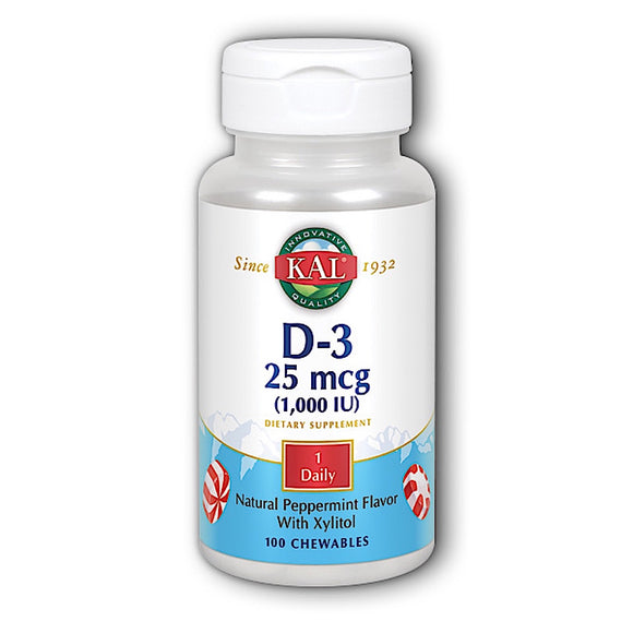 Kal, D-3 Cholecalciferol Peppermint 1000iu, 100 Chewables - 021245385677 | Hilife Vitamins