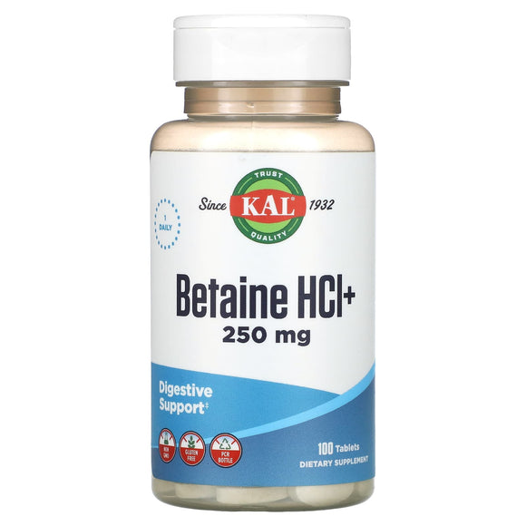 Kal, Betaine HCl+ 250mg, 100 Tablets - 021245102656 | Hilife Vitamins