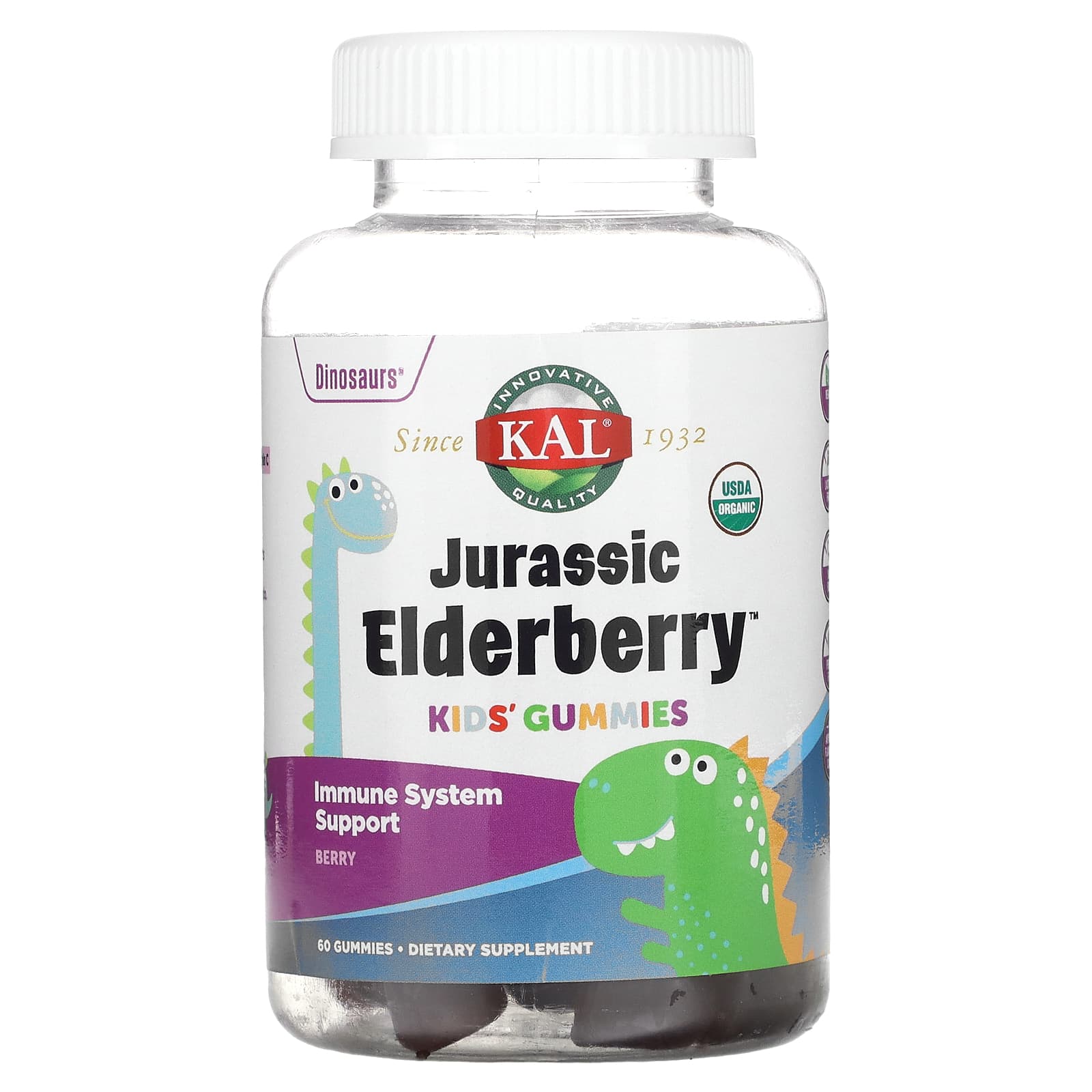 Kal, Jurassic Elderberry Gummy, Berry, 60 Gummies UPC 021245412502 | HiLife Vitamins
