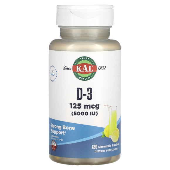 Kal, D-3, Lemonade , 125 mcg (5,000 IU), 120 Chewables - 021245464631 | Hilife Vitamins