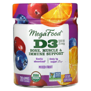 Megafood, D3, Mixed Fruit, 1,000 IU (25 mcg), 70 Gummies - 051494104125 | Hilife Vitamins