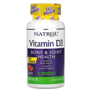 Natrol, Vitamin D3, Bone & Joint Health, Strawberry Natural Flavor, 5,000 IU, 90 Tablets - 047469058913 | Hilife Vitamins