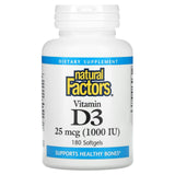 Natural Factors, Vitamin D3, 25 mcg (1,000 IU), 180 Softgels - 068958010540 | Hilife Vitamins