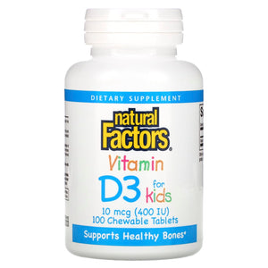Natural Factors, Vitamin D3 for Kids, Strawberry, 10 mcg, 100 Chew Tablets - 068958010595 | Hilife Vitamins