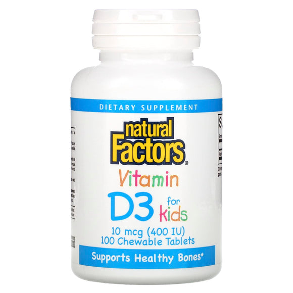 Natural Factors, Vitamin D3 for Kids, Strawberry, 10 mcg, 100 Chew Tablets - 068958010595 | Hilife Vitamins
