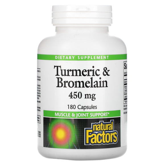 Natural Factors, Turmeric & Bromelain, 450 mg, 180 Capsules - 068958017396 | Hilife Vitamins