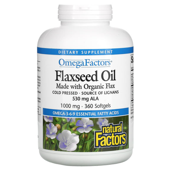 Natural Factors, OmegaFactors, Flaxseed Oil, 1000 mg, 360 Softgels - 068958022123 | Hilife Vitamins