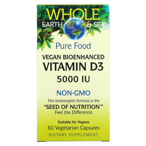 Natural Factors, Whole Earth & Sea, Vegan Bioenhance Vitamin D3 5,000 IU, 60 Capsules - 068958355160 | Hilife Vitamins