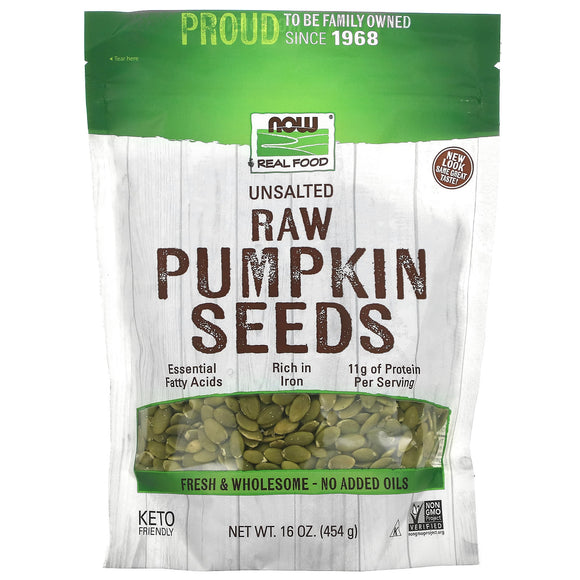 Now Foods, Real Food, Raw Pumpkin Seeds, Unsalted, 16 oz (454 g) - 733739070258 | Hilife Vitamins